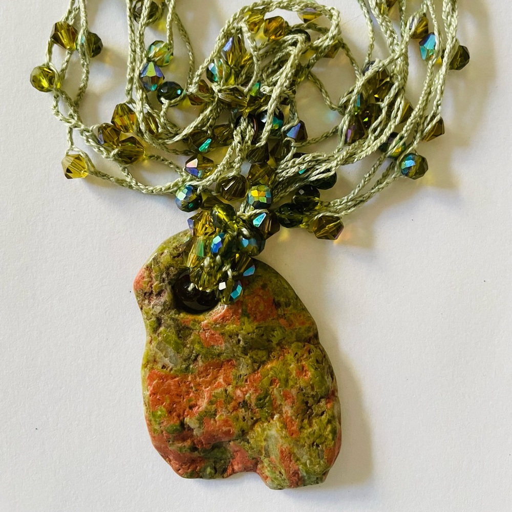 Artesian unakite pendant necklace w AB crystals on silk